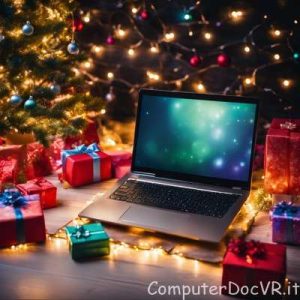 Computer sotto l'albero di natale con lucine e palline