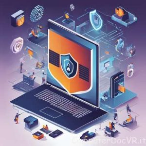 grafica raffigurante un pc con elementi di sicurezza informatica